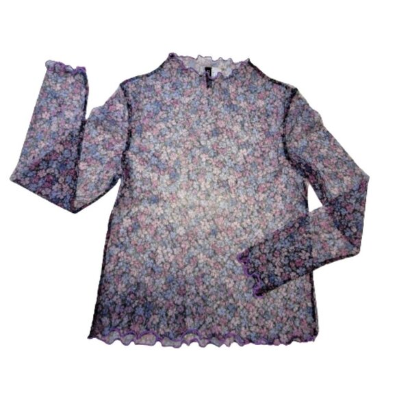 Sheer Purple High Neck Long Sleeve Floral Print Blouse Top Size L - Picture 3 of 13